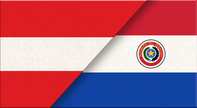 Double flag of Austria and Paraguay on fabric texture. 3D illustration