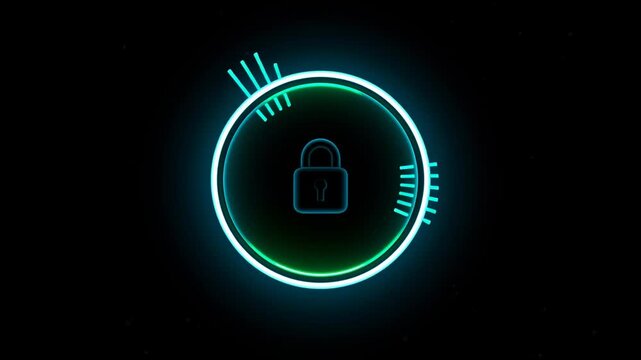Cybersecurity interface display with glowing elements and lock icon in dark setting
