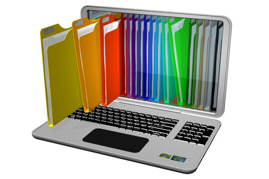 PNG. Trasparente. Computer con cartelle, raccoglitori, colorate per l'archiviazione di documenti. Database.