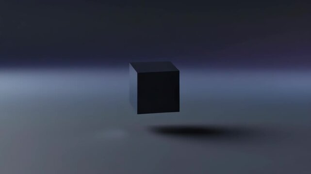 Dark cube floating in smooth minimalist style on gradient background, concept of abstraction and modern simplicity