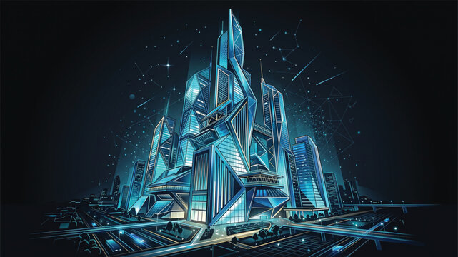 Futuristic cityscape with sleek skyscrapers and neon lights at night in a sci-fi metropolis with advanced architecture.