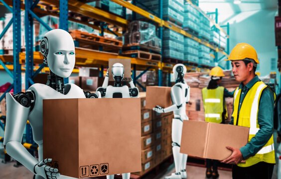 Innovative industry robot working in warehouse together with human worker . Concept of artificial intelligence for industrial revolution and automation manufacturing process .