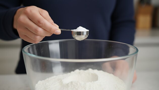 Hand measures white powder with a spoon over a glass bowl of flour in a kitchen