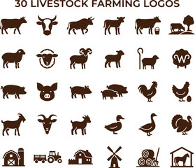 Fototapeta premium Brown farm animal silhouettes and livestock farming logos for agricultural business branding on white background.
