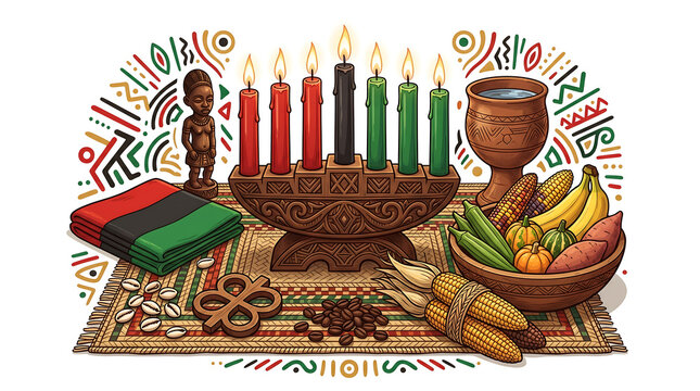  A vibrant still-life of a traditional African American Kwanzaa arrangement centered on a kinara candle holder with seven mishumaa saba candles