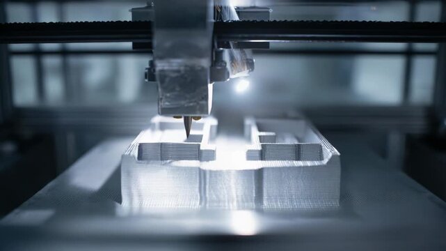 Additive manufacturing machine creating a complex metal object layer by layer, highlighting the precise laser sintering process for industrial prototyping and advanced fabrication