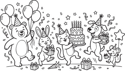 Fototapeta premium Cute cartoon animals celebrating birthday party with balloons and cake in playful scene ,Gererative AI