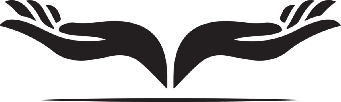 Minimalist black silhouette illustration of open human hands in welcoming cupped gesture.