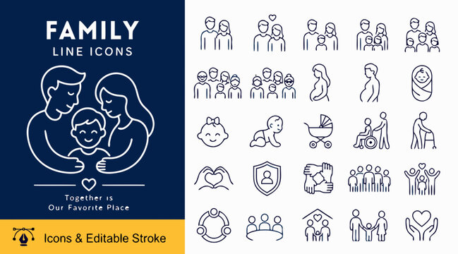 Family Line Icons Set for Graphic Design and Editable Stroke Illustration &mdash; community and care concept