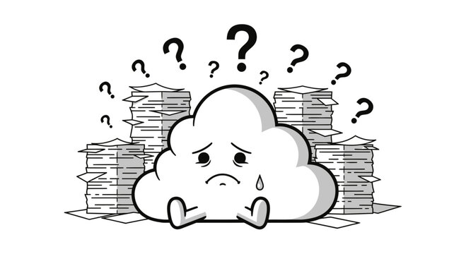 Sad Cloud Character Overwhelmed by Piles of Paperwork and Question Marks