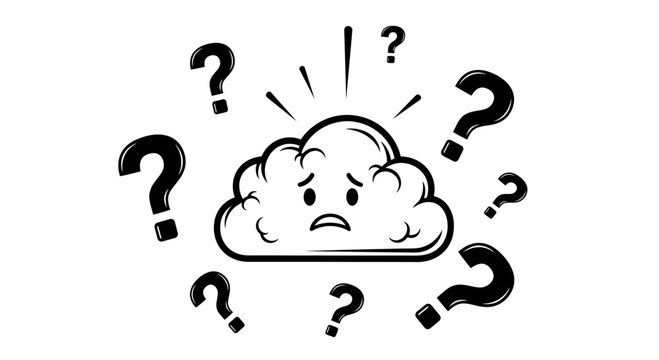 Confused Cloud Character Surrounded by Question Marks - Uncertainty and Doubt Concept