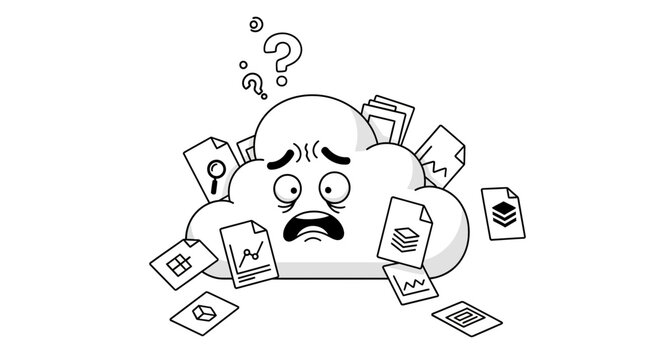 Confused Cloud Character Overwhelmed with Documents and Data - Black and White Illustration