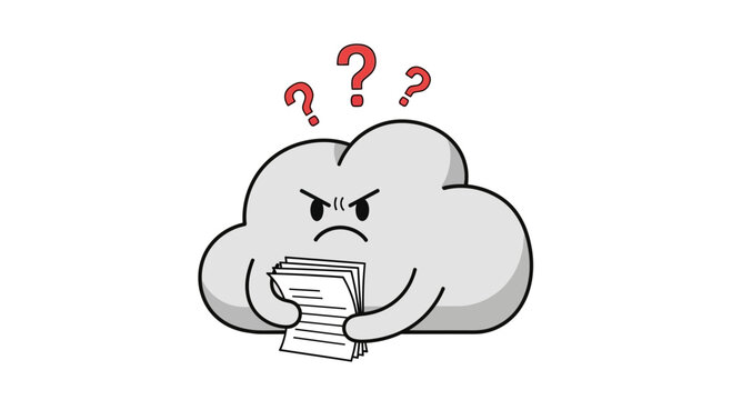 Confused Cloud Character Holding Papers with Question Marks