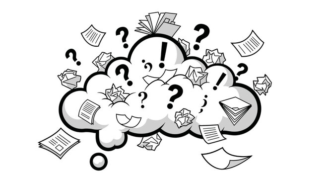 Confused Brain Cloud with Falling Papers and Question Marks