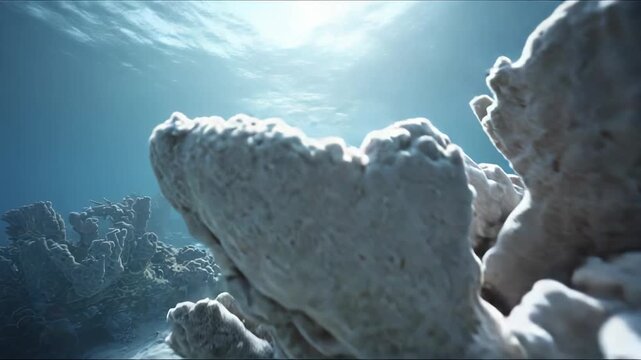 Bleached coral structures are standing stark white on a shallow seabed, portraying the devastating impact of global warming and ocean pollution on delicate underwater ecosystems