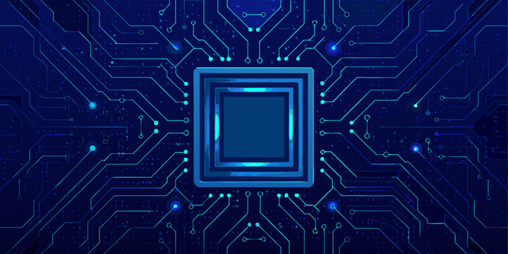 glowing microchip cpu with circuit board pattern digital technology illustration