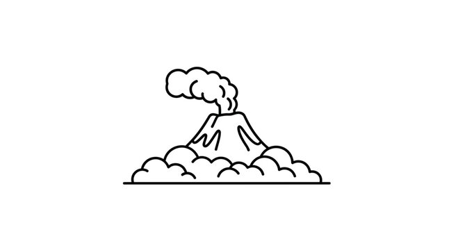 Volcano Eruption Icon: Minimalist Line Art of Smoking Volcano with Clouds