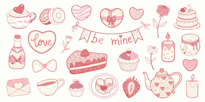 valentine s day illustration set with hearts sweets and romantic elements in pink