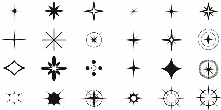 collection of black starburst and orbital icons on a white background