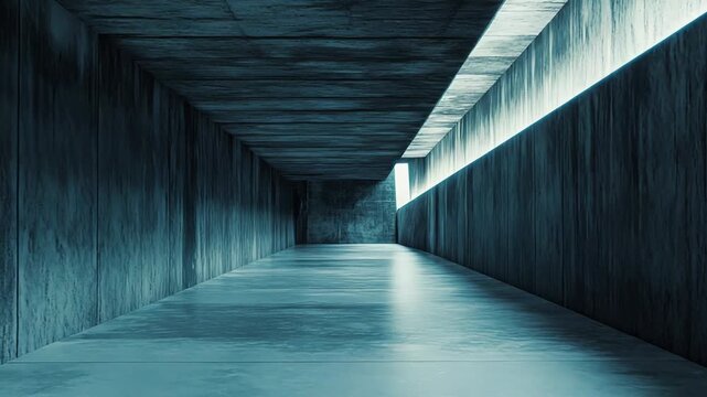 Long concrete corridor featuring a minimalist design and a strip of light illuminating the textured wall, creating a dramatic sense of depth and perspective towards the end