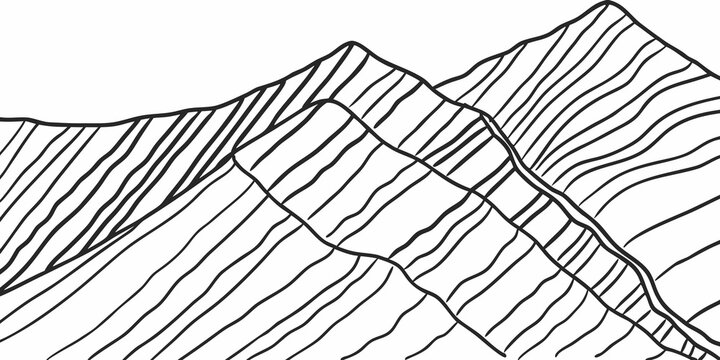 mountain range illustration with cross hatching and diagonal line work on a white background