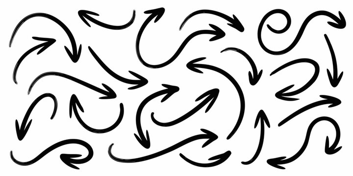 Collection of hand drawn black arrows with curved shapes on a white background