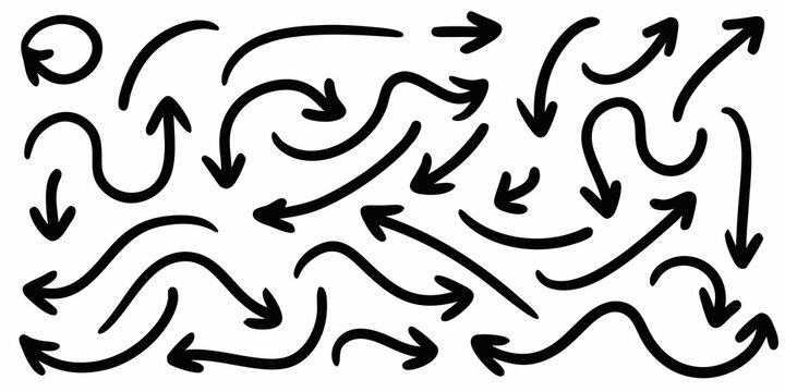 Collection of black curved arrows in various directions on a white background