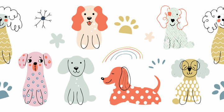 hand drawn dog breeds pattern with poodle dachshund and bulldog illustrations on white background