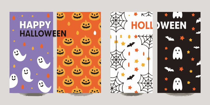 Four vertical happy halloween posters with ghosts pumpkins spiderwebs and bats
