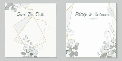 Watercolor wedding invitation cards with gold foil geometric frames and eucalyptus leaves © Ripan