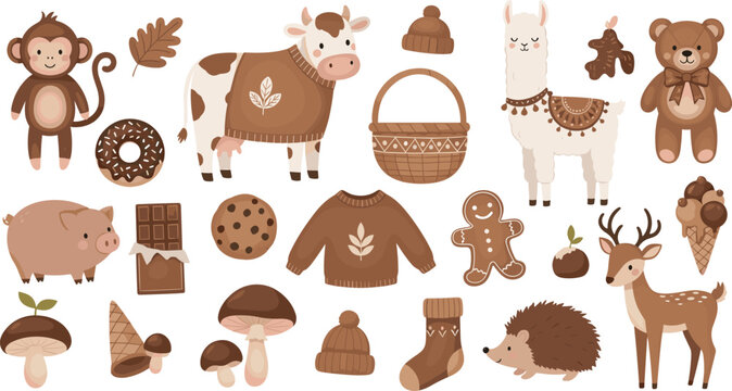 Cute Brown Color Objects Clipart Set with Animals Chocolate Cookies and Winter Clothes for Kids Color Learning Activities and Education Designs