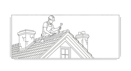 Naklejka premium Roofer working on house roof with chimney, construction, maintenance, repair, safety helmet