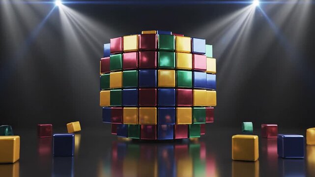 Colorful Rubiks Cube Pieces Falling.