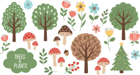 Cute Forest Trees and Plants Vector Clipart Set with Colorful Flowers Mushrooms and Christmas Pine for Nature Inspired Nursery Graphic Designs © Ismail