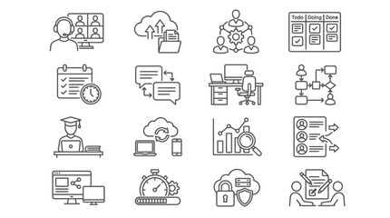 Fototapeta premium Corporate business project management and remote work team collaboration line icon set.