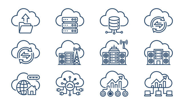 Cloud computing infrastructure and network data storage icons vector set for web development.