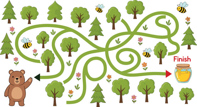 Cute Bear and Honey Maze Board Game Template Vector Illustration with Forest Trees Bees and Flowers for Preschool Kids Activity Worksheet Designs