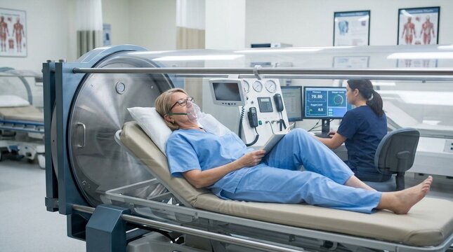 Patient in hyperbaric oxygen therapy chamber receiving treatment with nurse monitoring equipment