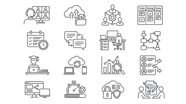 Corporate business project management and remote work team collaboration line icon set.