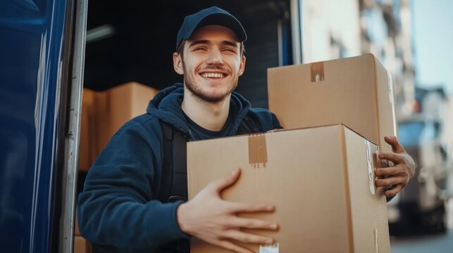 Smiling Young Warehouse Apprentice Holds Cardboard Boxes