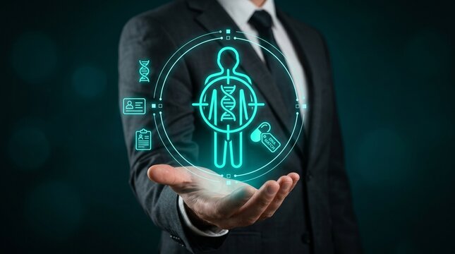 Personalized medicine concept with dna testing and medical data analysis businessman holding a digital hologram of a human body with genetic information