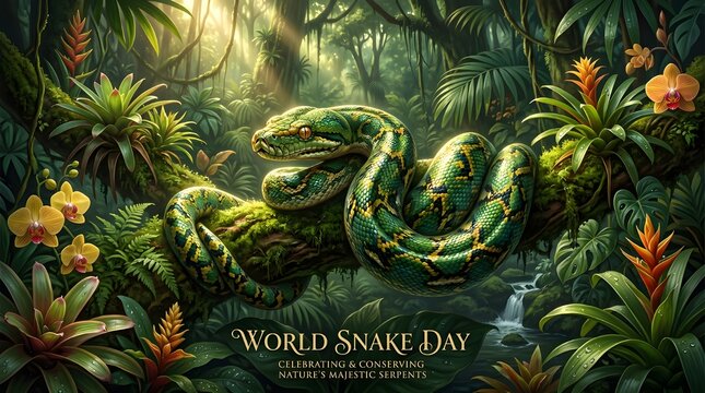 World Snake Day Conceptual Banner with a Majestic Green Python Wrapped Around a Mossy Tree Branch in a Lush Rainforest Jungle Filled with Tropical Orchid Flowers