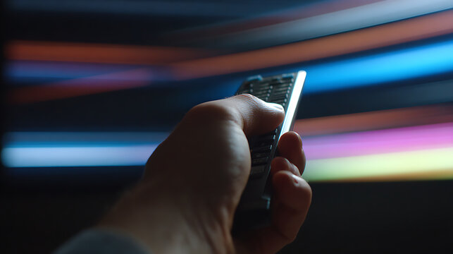 Human hand hold remote control for electronic device, colorful light trails on background, modern connectivity technology digital entertainment concept