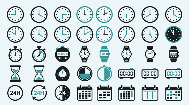 Extensive collection of analog clocks, digital watches, and smartwatch icons showing different times and 24-hour formats.