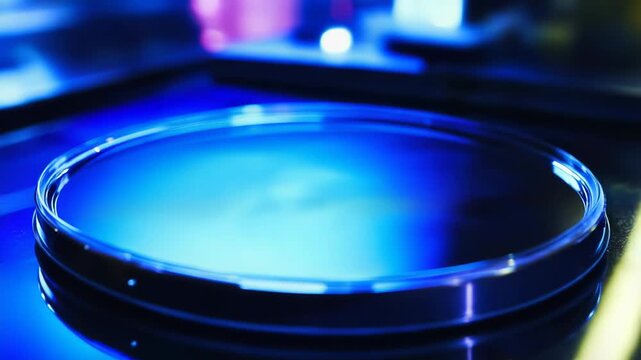 Petri dish holding a liquid substance, reflecting blue light in a scientific laboratory setting, symbolizing biotechnology, research, and scientific discovery