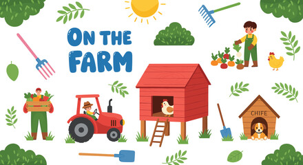 Cute On The Farm Gardening Vector Clipart Set with Tractor Chicken Coop Farmers and Growing Vegetables for Kids Agriculture Education Designs © Rownok