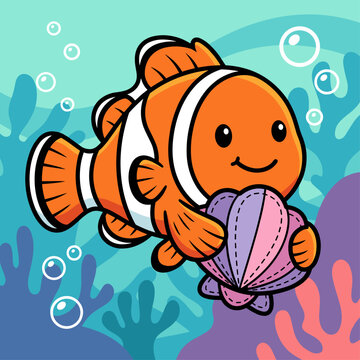Cute clownfish holding a seashell underwater illustration