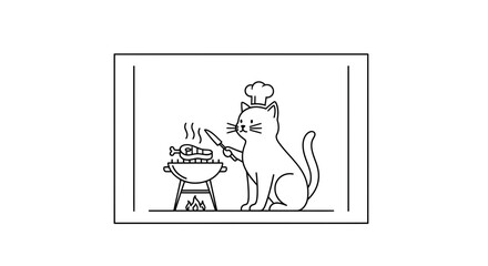 Naklejka premium Cute Cat Chef Grilling Fish on BBQ, Funny Animal Cooking Illustration