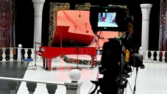 Professional television broadcast camera filming empty stage with red grand piano for musical performance.
