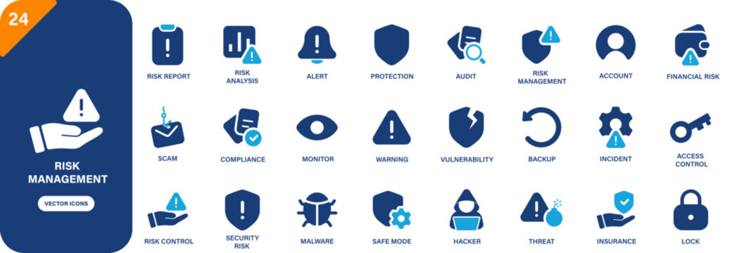 Risk management icon. Containing incident, safe mode, risk control, risk analysis, insurance. Solid vector icon set.